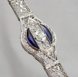 Art Deco Vintage 14k White Gold Filigree Platinum Blue Sapphire Diamond Bracelet
