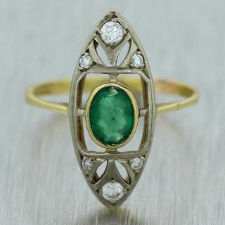 1880s Antique Victorian Platinum 14k Yellow Gold 0.  55ctw Diamond & Emerald Ring