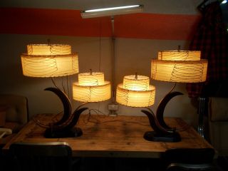 Vtg Pair Mid Century Modern Wood / Brass Table Lamps 2 Tiered Fiberglass Shades