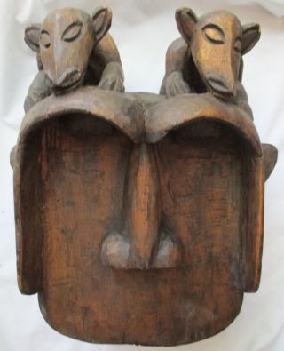 Old Vintage Large Carved Wood African Tribal Gorilla Mask With Apes