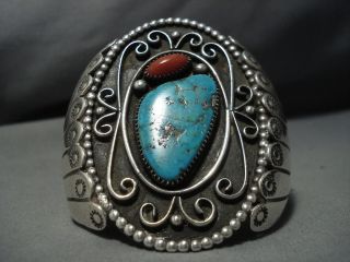 Colossal Vintage Navajo Turquoise Sterling Silver Coral Bracelet Cuff