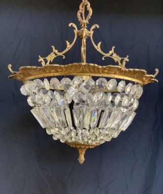 Antique Vintage French Crystal Brass Beaded Basket Chandelier Semi Flush 18”