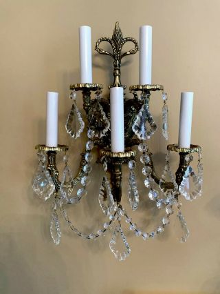 Pair Vintage French Brass 5 Light Wall Sconce Crystal Candelabra Sconces