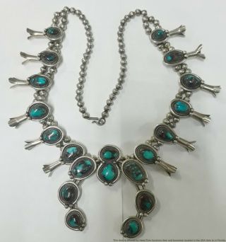 Vintage Sterling Silver Turquoise Squash Blossom Native American Necklace 175.  5g