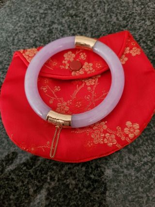 Vintage Chinese 14k Yellow Gold & Lavender Jade Hinged Bangle Bracelet