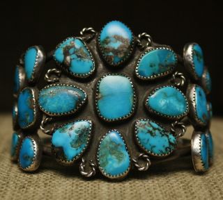 Huge Vintage Native American Navajo Turquoise Sterling Silver Cluster Bracelet
