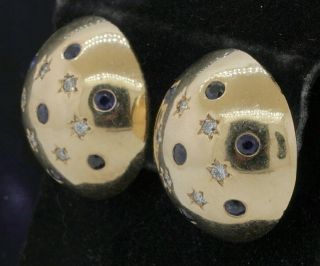 Heavy vintage 14K YG 1.  76CT VS diamond & sapphire star dome chunky earrings 2