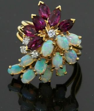 Heavy Vintage 14k Yg 3.  31ct Diamond Opal Ruby Cluster Cocktail Ring Size 6.  75