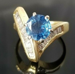 Vintage 2.  55tcw Blue Sapphire Baguette Diamond 18k Yellow Gold Ring Sz 5