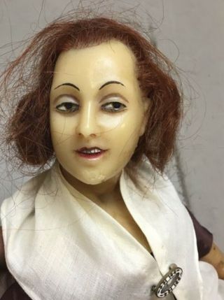 Rare Antique Poured Wax Doll 20” Burlap Legs Brooch Linen Human Hair?