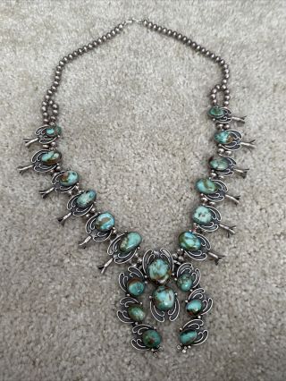 Squash Blossom Navajo Silver And Turquoise Necklace Vintage 32”