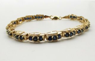 Vtg 14k Gold Natural Blue Sapphire Tennis Bracelet Ornate Link Estate 7 " Long