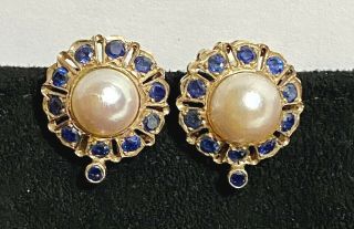 Vintage - Solid 14k Yellow Gold Pearl And Sapphire Clip On Earrings / 8.  3 Grams