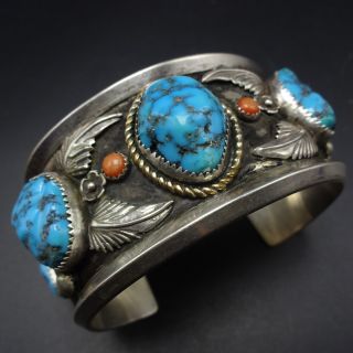 Heavy Signed Vintage Navajo Sterling Silver Turquoise Coral Cuff Bracelet 104g