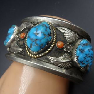 Heavy Signed Vintage NAVAJO Sterling Silver TURQUOISE CORAL Cuff BRACELET 104g 3
