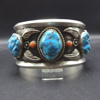 Heavy Signed Vintage NAVAJO Sterling Silver TURQUOISE CORAL Cuff BRACELET 104g 4