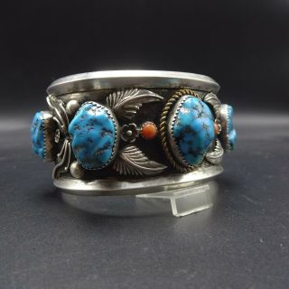Heavy Signed Vintage NAVAJO Sterling Silver TURQUOISE CORAL Cuff BRACELET 104g 5