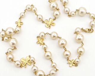 Chanel Clover Pearl Chain Necklace 30 " Gold Tone Vintage W/box V1300