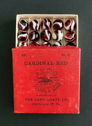 Vintage Akro Agate Cardinal Red No.  0 Box Of Marbles Corkscrews