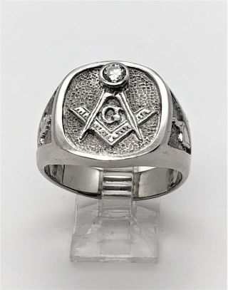 Vintage Masonic 14k White Gold Ring With Diamond