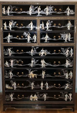 Vintage Asian Chinese Mother Of Pearl Inlay 10 Drawer Dresser Chest