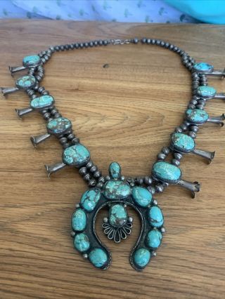 Vintage Old Pawn Navajo Silver And Turquoise Squash Blossom Necklace 26”
