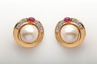 Vintage 13mm Mabe Natural Pearl 2ct Ruby Diamond 14k Gold Earrings 17g