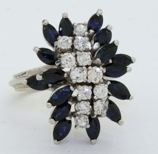 Vintage 18k Wg 3.  84ctw Diamond/sapphire Cluster Flower Cocktail Ring Size 8.  5