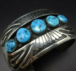 Vintage Navajo Sterling Silver Blue Kingman Turquoise Shadowbox Cuff Bracelet