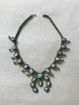 Vtg 60s 70s Navajo Squash Blossom Necklace L.  Bennett Sterling Silver Turquoise