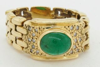 Vintage Heavy 18k Gold 3.  16ctw Diamond/cabochon Emerald Multi - Link Cocktail Ring