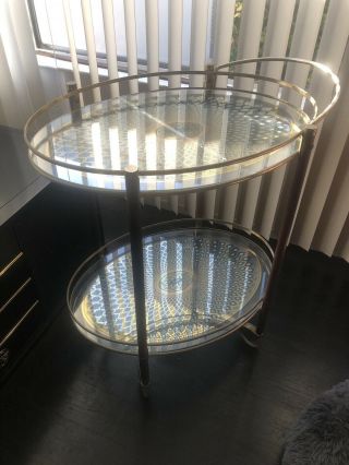 Vintage Mid Century Modern Bar Cart Two Teir Gold And Blue Glass Design