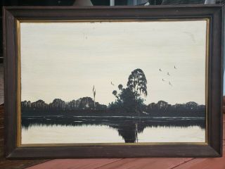 Al Black Florida Highwaymen Art Vintage Oil Painting Black Palms On Water Large