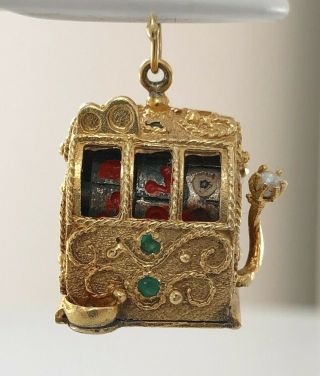Vintage 14k Gold Slot Machine W/ Stones,  Soldered Bail & A Pearl,  3d,  19 Grams