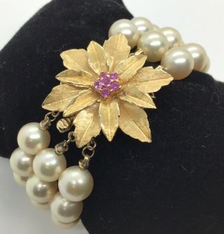 Vtg Estate Triple Strand 3 Row Pearl Bracelet 14k Gold Floral Ruby Clasp 49g