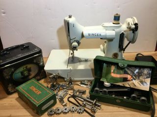 Vintage Singer White 221k Featherweight Sewing Machine W/case & All Attachments