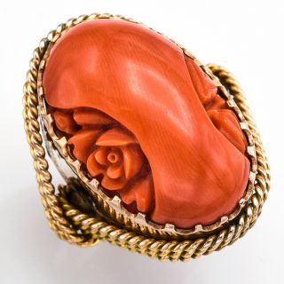 Vintage 14k Yellow Gold Red Coral Carved Floral Cocktail Ring 15.  1 Grams