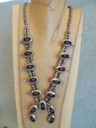Navajo Coral And Sterling Squash Blossom Necklace Vintage 70 