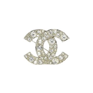 Pre - Owned Vintage Chanel Silver Tone Cc Round Crystal Shiny Brooch