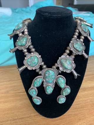 Very Old Vintage Navajo Silver And Turquoise Squash Blossom Necklace 30”.