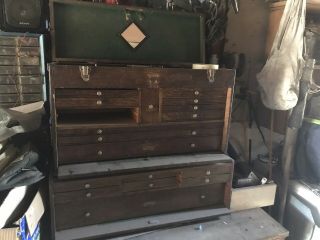 Vintage Oak H.  Gerstner & Sons Model 052 Machinist Tool Box Chest 11 And Middle