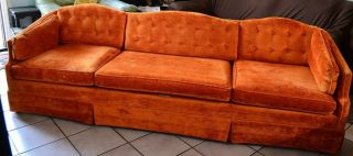Vintage 70s Tuffet Fabric Velvet Orange Long Couch Sofa 96 " W Retro Furniture