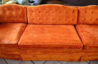 Vintage 70s tuffet fabric Velvet orange long couch sofa 96 