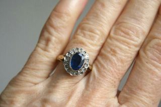 Fine Vintage Art Deco 9 Ct Gold 1.  00 Ct Oval Sapphire & Diamond Cluster Ring