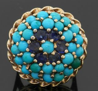 Vintage Heavy 14k Gold 1.  20ctw Blue Sapphire/4mm Turquoise Cluster Cocktail Ring