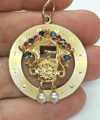 Vintage 14k Solid Yellow Gold Sapphire/ruby/pearl Cuckoo Clock Charm - 11 Grams