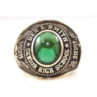 Vintage Solid 10k Yellow Gold 1970 Green Emerald High School Class Ring 10.  5
