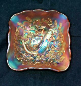 Trout And Fly Square Marigold Bowl Rare Old Vintage Millersburg Carnival Glass