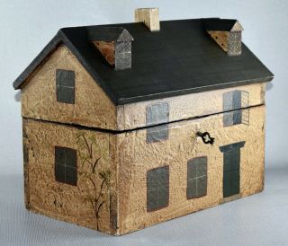 Vintage Folk Art Cottage House Tea Caddy Box
