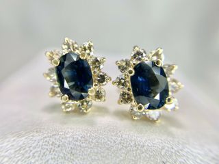Vintage 14k Yellow Gold Natural Oval Blue Sapphire Round Diamond Halo Earrings